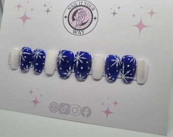 Glitter Snowflake White & Blue Custom Press On Nails • Pre-sized • 20 Set • Temporary • Christmas • Winter • Festive • Prep Kit • Glue