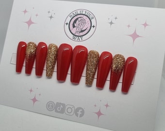 Deep Red & Gold Glitter Custom Press On Nails • Pre-sized • 20 Set • Festive • Prep Kit • Glue