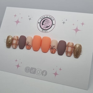 Pumpkin Plaid Matte Custom Press On Nails • Temporary • Pre-sized • Prep Kit • Glue
