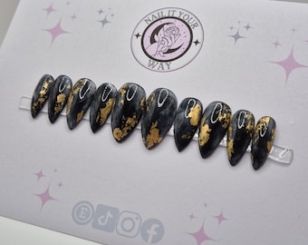 Black & Gold Smoke Effect Custom Press On Nails• Pre-sized • 20 Set•  Temporary • Prep Kit • Glue