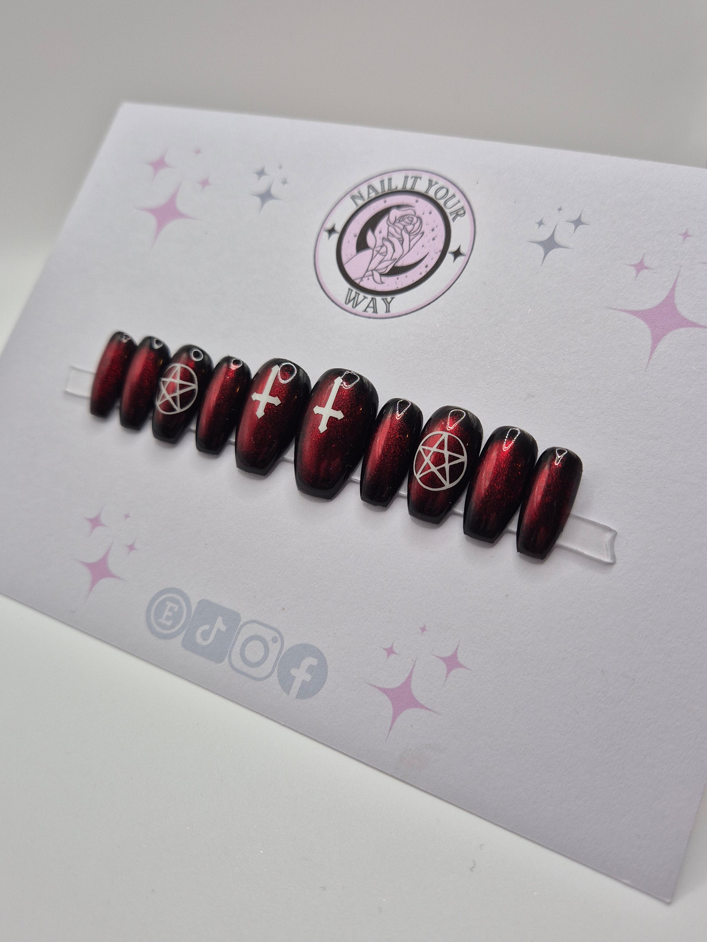 Black & Red Pentagram Satanic Glow In The Dark Custom Press On Nails• Pre-sized • 20 Set•  Temporary • Prep Kit • Glue