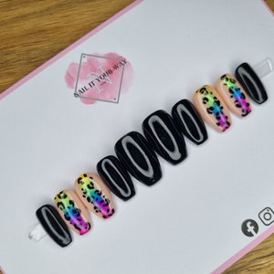 Neon Leopard Print Black Custom Press On Nails • Neon Rainbow • Stick On Nails • Temporary • Pre-sized • Prep Kit • Glue • Sticky Tabs