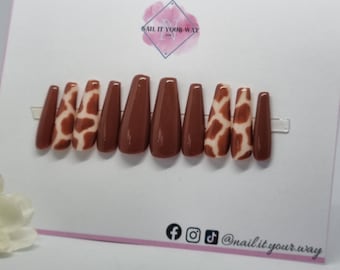 Giraffe Animal Print Brown Press On Nails • Custom • Temporary • Pre-sized • Prep Kit • Glue