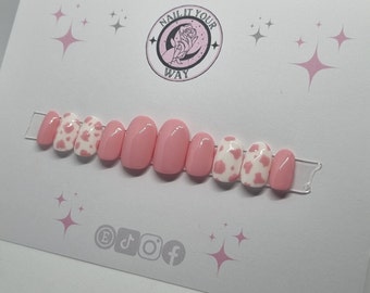Pink Cow Print Milkshake Custom Press On Nails • Summer • Stick On • Pre-sized • 20 Set • Temporary • Glue