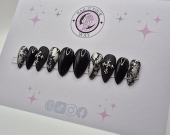 Black & Silver 3D Cross Charm Custom Press On Nails• Pre-sized • 20 Set•  Temporary • Prep Kit • Glue