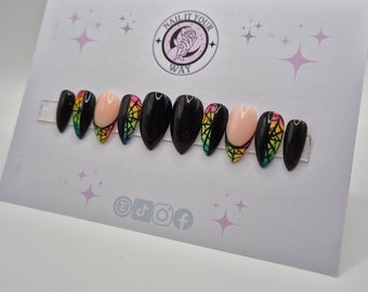Neon UV Rainbow Spiderweb Custom Press On Nails• Pre-sized • Temporary • Prep Kit • Glue