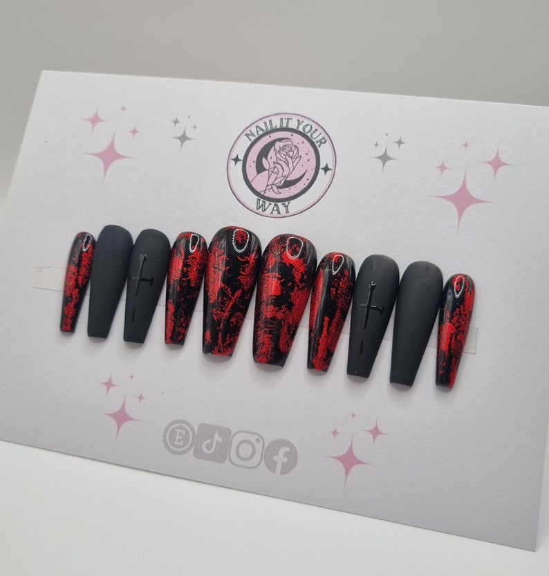 Black & Red Foil Dagger Custom Press On Nails Matte Glossy Stick On Nails Temporary Pre-sized Prep Kit Glue Sticky Gel Tabs image 1