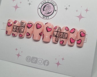 Scrabble Valentines 'Be Mine' 'Love You' Custom Press On Nails• Pre-sized • Temporary • Prep Kit • Glue