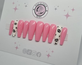 Pink with Kiss Lips Custom Press On Nails• Pre-sized • Temporary • Prep Kit • Glue