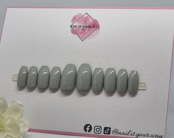 Grey Custom Press On Nails • Solid Colour • Any Colour • Stick On • Pre-sized • 20 Set • Temporary • Glue