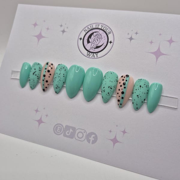 Aqua Speckled Polka Dot Custom Press On Nails• Pre-sized • 20 Set•  Temporary • Prep Kit • Glue