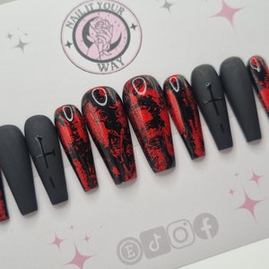 Black & Red Foil Dagger Custom Press On Nails Matte Glossy Stick On Nails Temporary Pre-sized Prep Kit Glue Sticky Gel Tabs image 2
