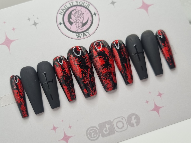 Black & Red Foil Dagger Custom Press On Nails Matte Glossy Stick On Nails Temporary Pre-sized Prep Kit Glue Sticky Gel Tabs image 2