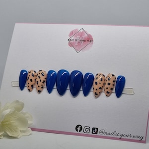 Blue Leopard Print Custom Press On Nails • Stick On • Pre-sized • 20 Set • Temporary • Prep Kit • Glue