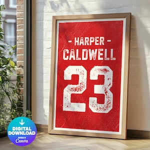 Custom Sports Jersey Wall Art, Personalized Name Number, Red Jersey Art, Digital Download, Printable, Boys Room Decor, Football Basketball