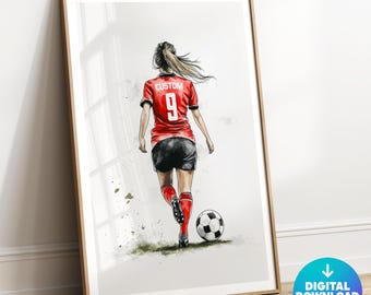 パーソナライズされた女子サッカーウォールアート、女子サッカープリント、女子寝室の装飾、女子へのサッカーギフト、サッカーポスター、レディースサッカージャージアート