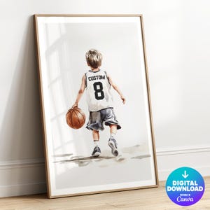 May include: A watercolor illustration of a young person wearing a white basketball jersey with the word "CUSTOM" and the number "8" on the back. The person is holding a basketball and walking away from the viewer.