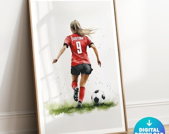 Arte de parede de futebol para meninas personalizada, impressão de futebol para meninas, decoração de quarto para meninas, presente de futebol para meninas, pôster de futebol personalizado, arte de camisa de futebol