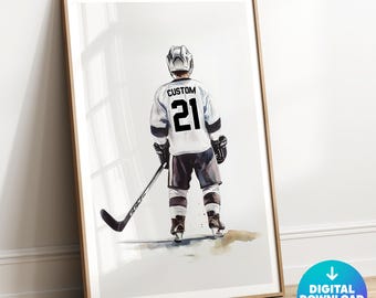 Impresión de hockey personalizada, impresión de camiseta de hockey personalizada, blanco y negro, arte mural deportivo, decoración de habitación de niño, regalo de hockey para él, póster de hockey