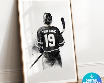 Personalized Hockey Print, Custom Hockey Jersey Print, Black and White, Sports Wall Art, Boys Room Decor, Hockey Gift for Him, Hockey Poster