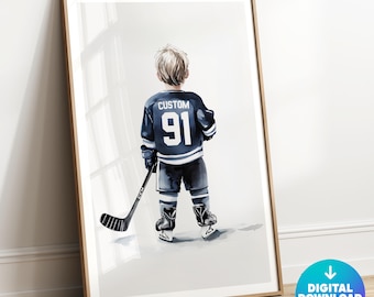 Impresión de hockey personalizada, impresión de camiseta de hockey personalizada, blanco y negro, arte mural deportivo, decoración de habitación de niño, regalo de hockey para él, póster de hockey