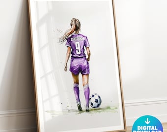 カスタム女子サッカーウォールアート、女子サッカープリント、女子寝室装飾、女子向けサッカーギフト、パーソナライズサッカーポスター、サッカージャージアート