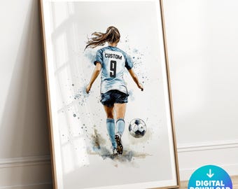 Arte de parede de futebol para meninas personalizada, impressões de futebol para meninas, decoração de quarto para meninas, presente de futebol para meninas, pôster de futebol, arte de camisa de futebol feminina