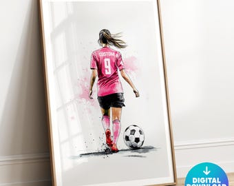 Impressões de arte de parede de futebol para meninas, impressões de futebol personalizadas, decoração de quarto de meninas, presente de futebol para meninas, pôster de futebol, arte de camisa de futebol vermelha