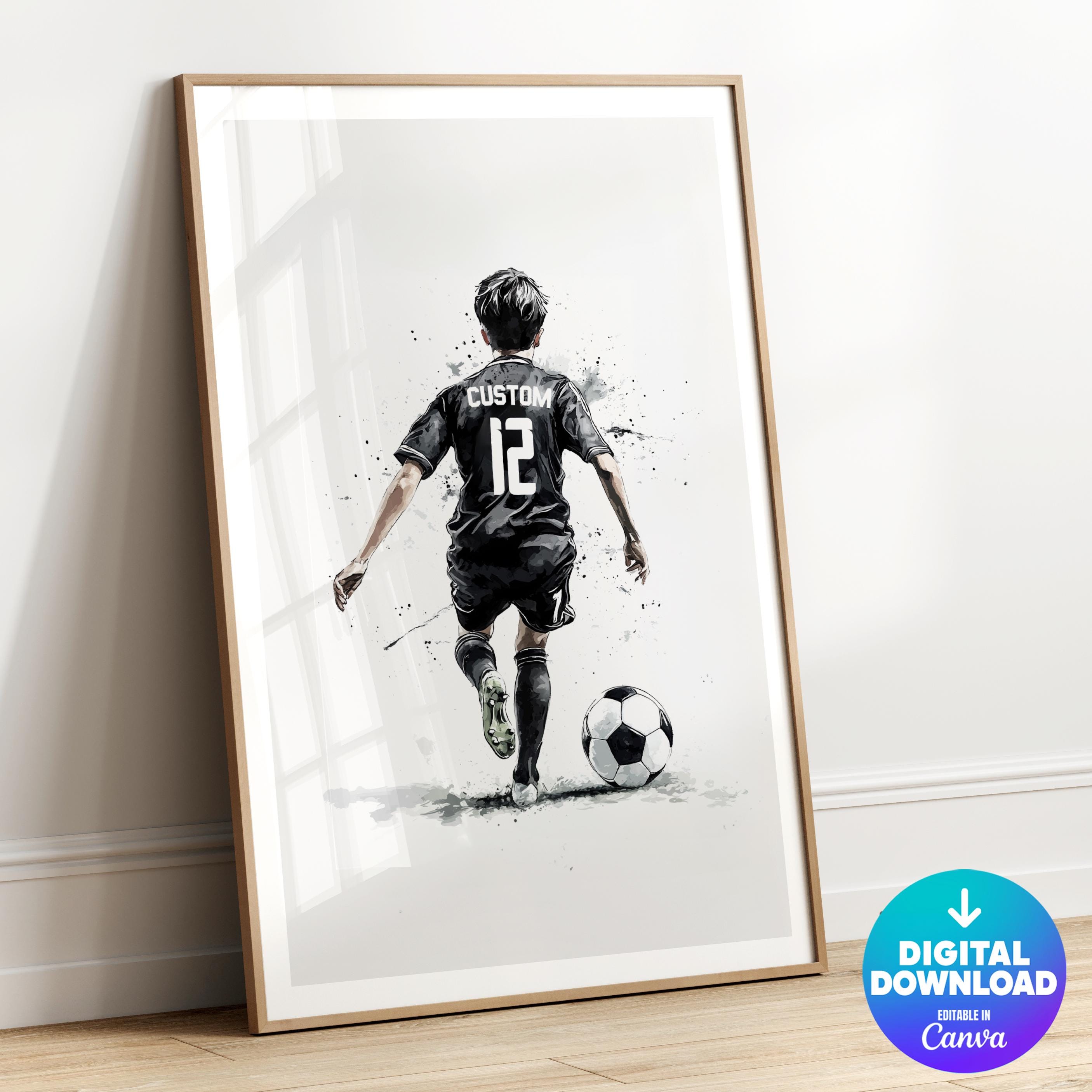 Impressão de nome personalizado de futebol, impressão de arte de parede de futebol personalizada para meninos, decoração de quarto de meninos, camisa de futebol, arte de futebol, impressão de futebol, Canva, masculino