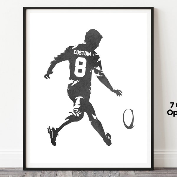 Poster de rugby personnalisé, oeuvre d'art personnalisée pour maillot de rugby, impression de joueur de rugby, cadeaux rugby, art mural rugby personnalisé, chambre de garçons, art mural rugby, homme