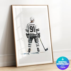 Personalized Hockey Print, Custom Hockey Jersey Print, Black and White Sports Wall Art, Boys Room Decor, Hockey Gift for Him, Hockey Poster