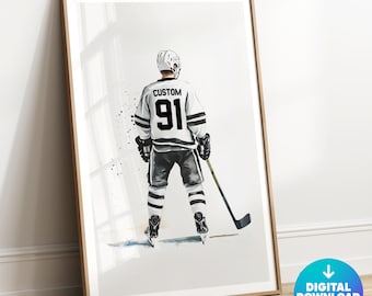 Personalized Hockey Print, Custom Hockey Jersey Print, Black and White Sports Wall Art, Boys Room Decor, Hockey Gift for Him, Hockey Poster