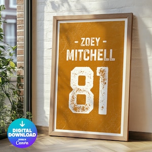 Custom Sports Jersey Wall Art, Personalized Name Number, Orange Jersey Art, Digital Download, Printable, Boys Room Decor, Custom Jersey Art