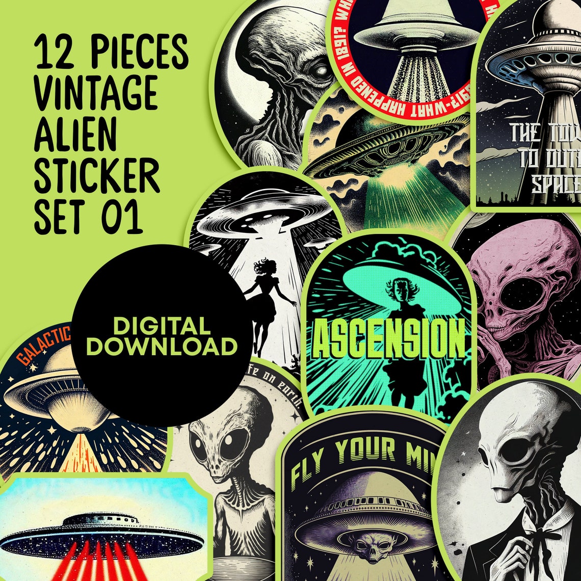12 Pieces of VINTAGE ALIEN Sticker Sheet, A3,A4 Digital Print File ...
