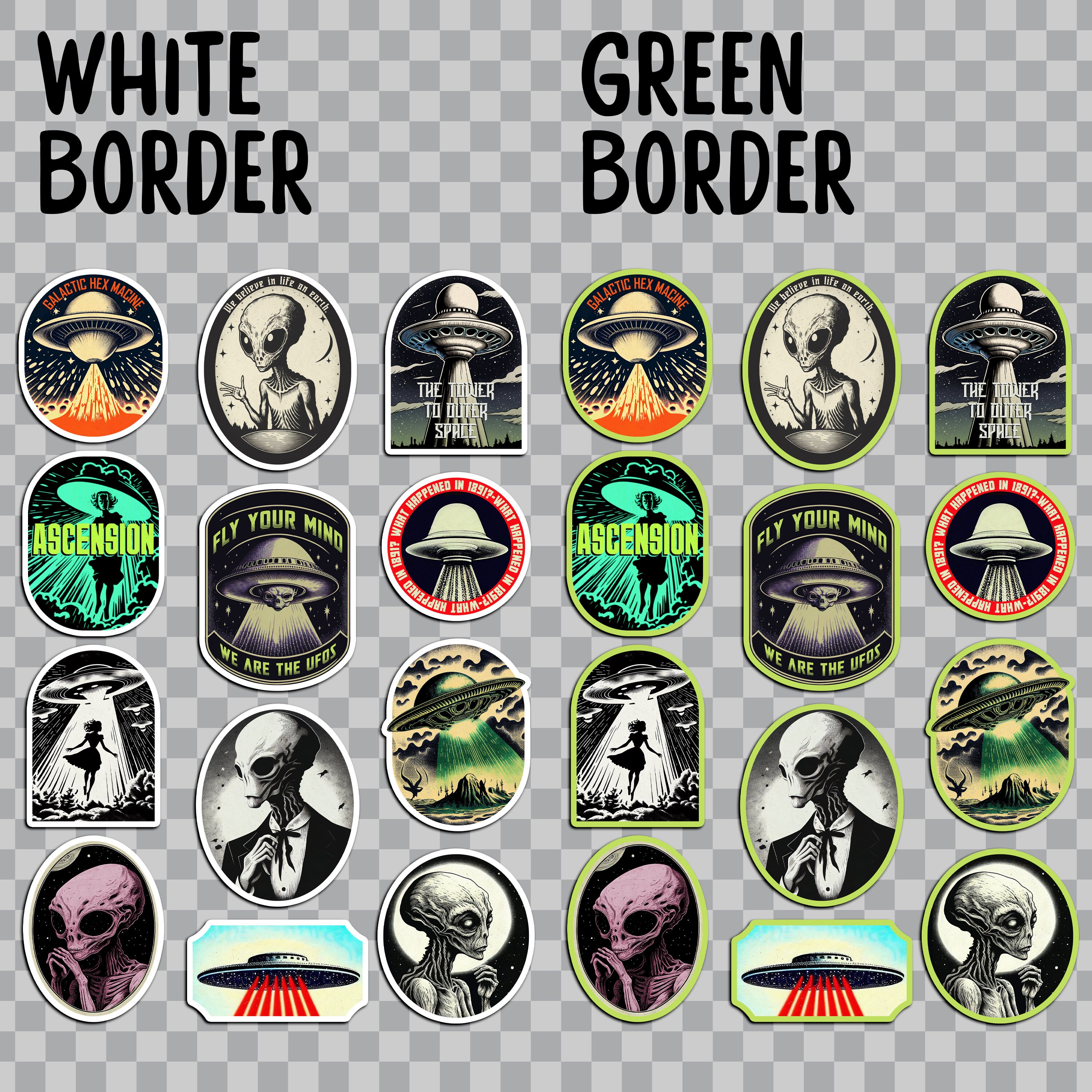 12 Pieces of VINTAGE ALIEN Sticker Sheet, A3,A4 Digital Print File ...