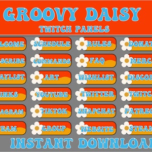36x Groovy Daisy Twitch Panels | Cute Aesthetic Panels | 70s Vibes | Gamer Girl Guy | Instant Download