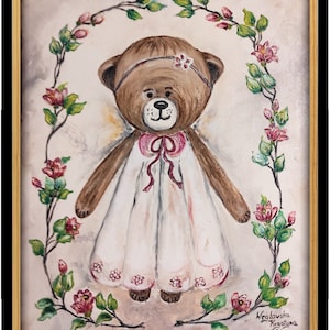 Sweet oil painting, hand painted on canvas, Original painting, Original artwork, Teddy bear cartoon, Apartment decor, Kids room.