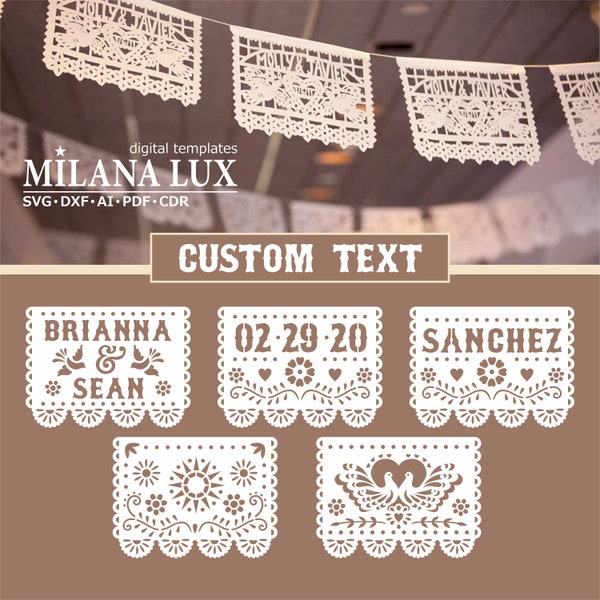 Custom Papel Picado svg template, Mexican Wedding Decor, Fiesta Banner cut files for Cricut, lasercut, papercut, Cameo (svg dxf ai eps cdr)