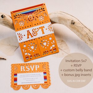 Mexican Invitation Svg template with custom initials, Papel picado wedding invitation for Cricut Laser Cut, papercut, Cameo (svg dxf ai cdr)