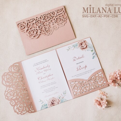 Roses Wedding Invitation Svg Template Roses Pocket 3fold Etsy
