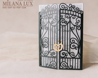 SVG Gate Fold Wedding invitation template, Vintage Iron Gate fold Invite 5x7 files for Cricut, Laser Cut, papercut, Cameo (svg dxf ai cdr)