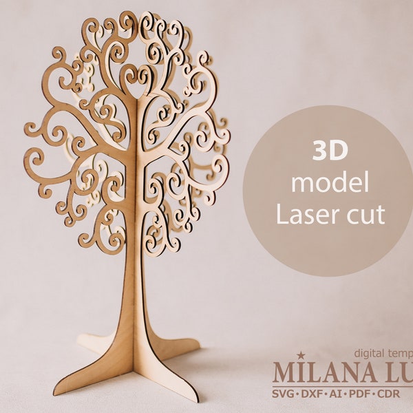 3D Laser Cut model Jewellery Tree template, Wooden Wishing Tree, Wood Home Decoration Plywood files for LaserCut (svg dxf ai cdr)