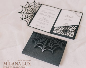 Halloween wedding invitation, Spider Web invite SVG template, pocket envelope 5x7, for Cricut, Laser Cut, papercut, Cameo (svg dxf ai cdr)