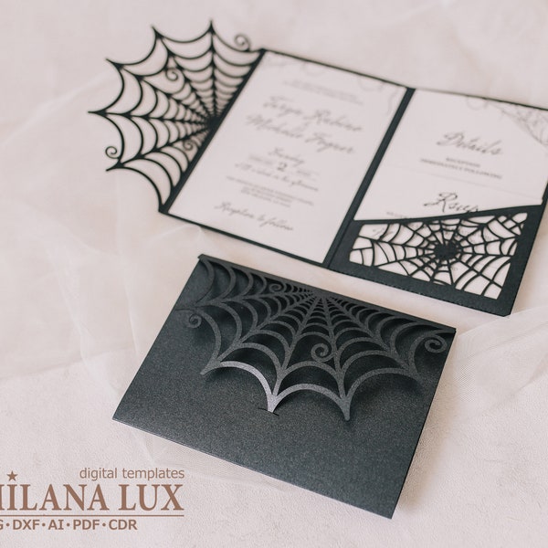 Halloween wedding invitation, Spider Web invite SVG template, pocket envelope 5x7, for Cricut, Laser Cut, papercut, Cameo (svg dxf ai cdr)