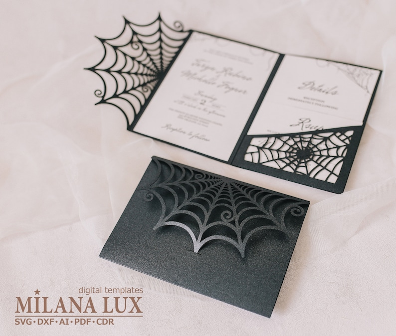 Halloween wedding invitation, Spider Web invite SVG template, pocket envelope 5x7, for Cricut, Laser Cut, papercut, Cameo svg dxf ai cdr image 1