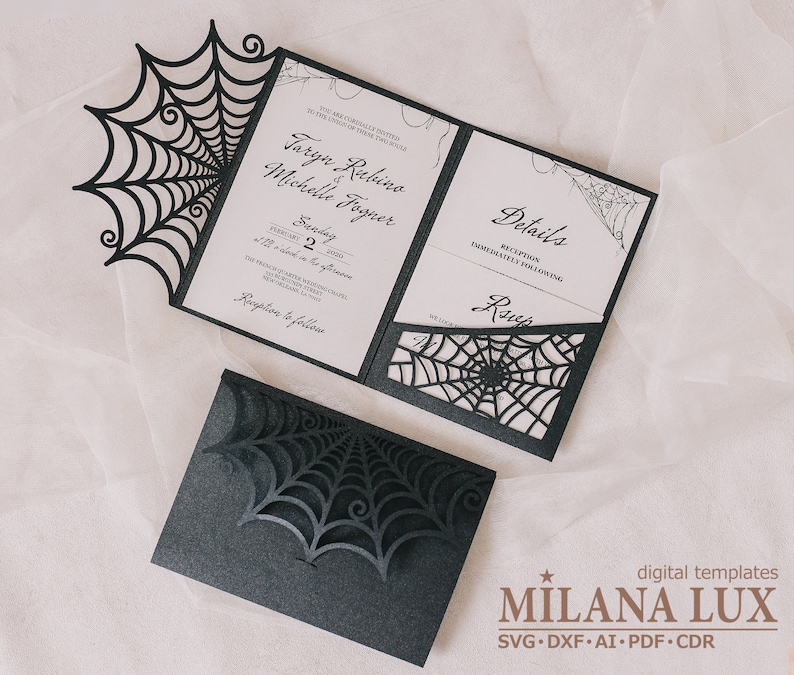 Halloween wedding invitation, Spider Web invite SVG template, pocket envelope 5x7, for Cricut, Laser Cut, papercut, Cameo svg dxf ai cdr image 6