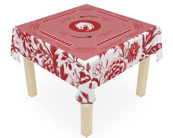 Nappe rouge de mahjong d'inspiration asiatique, motif chinois aux couleurs vives, couverture de table, point focal de rassemblement festif pour des liens familiaux