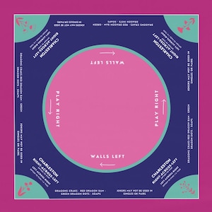 May include: A circular game board with a pink center and blue outer ring. The board has text that reads "Charleston Right-Across-Left" and "Walls Left". The board is surrounded by a pink background with text that reads "Dragons Craks - Red Dragon Bam - Green Dragon Dots - Soaps" and "Jokers May Not Be Used In Singles Or Pairs".