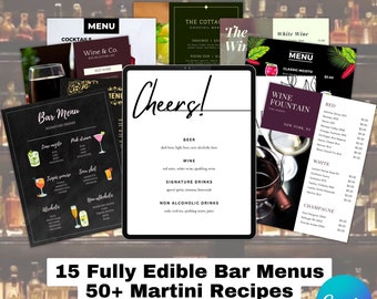Bar Menu Bundle, 1 day sale - 20+ Bar Menu Canva Editable, 50+ Martini Recipes, Instant download, Canva bundle, Canva Bar Menu