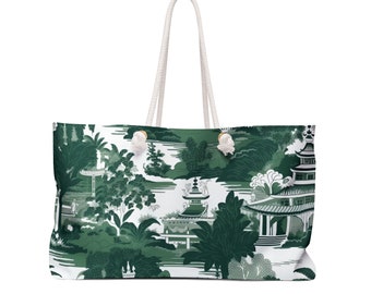 Chinoiserie Design Tote bag, Stylish Green and White Tote Bag - Eco-Friendly Fashion Accessory